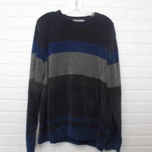 Vintage 90s Retreat Blue Grey Colour Block Stripes Chenille Sweater Size Medium